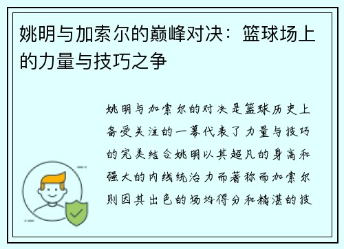 姚明与加索尔的巅峰对决：篮球场上的力量与技巧之争